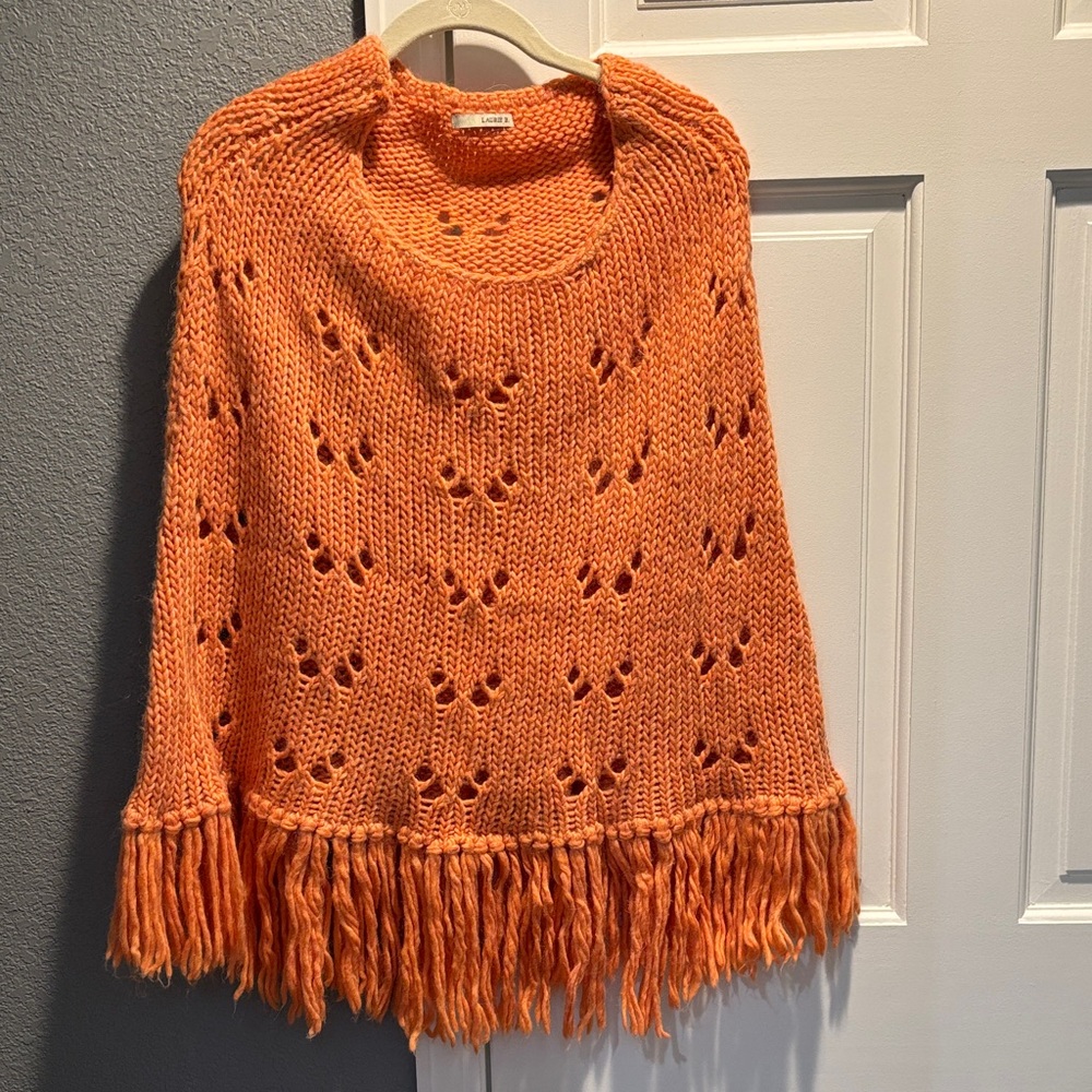 Orange Knit Fringe Poncho Sweater